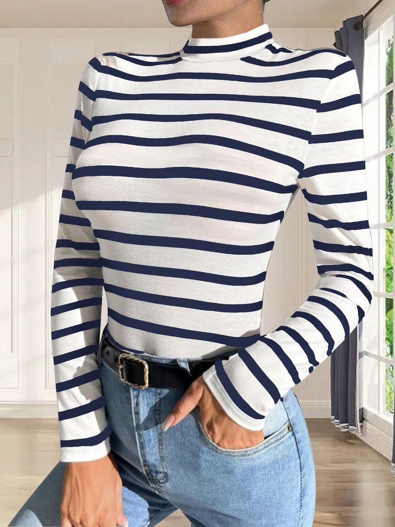 Maglietta a maniche corte in cotone a righe estive 2025 con collo alto, temperamento da pendolare, con cappuccio, da donna, lavorata a maglia_voghion.com