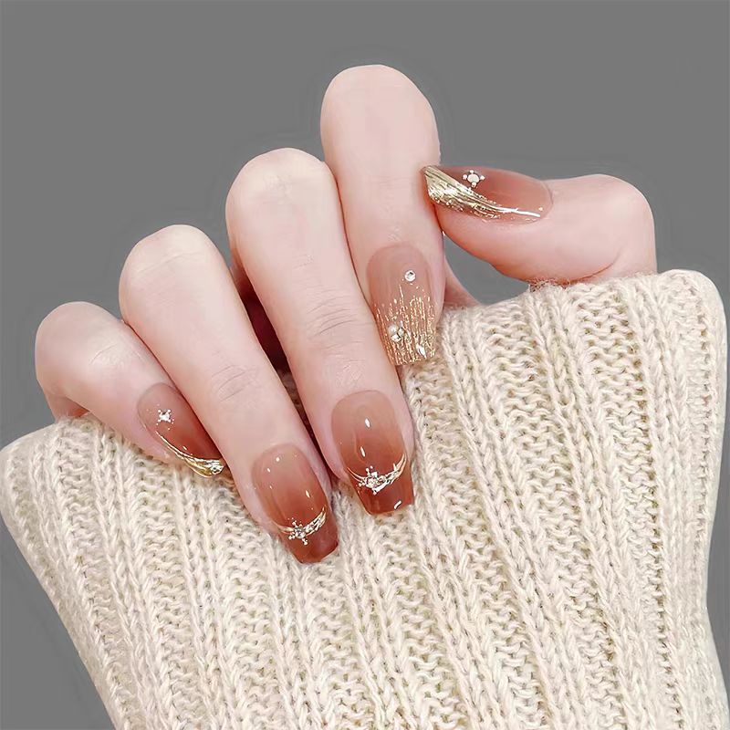 Handmade Wearable Nails Caramel Gradient Gold Amber Elegant French Mirror Powder Tips High-end Luxury Style Nail Art_voghion.com