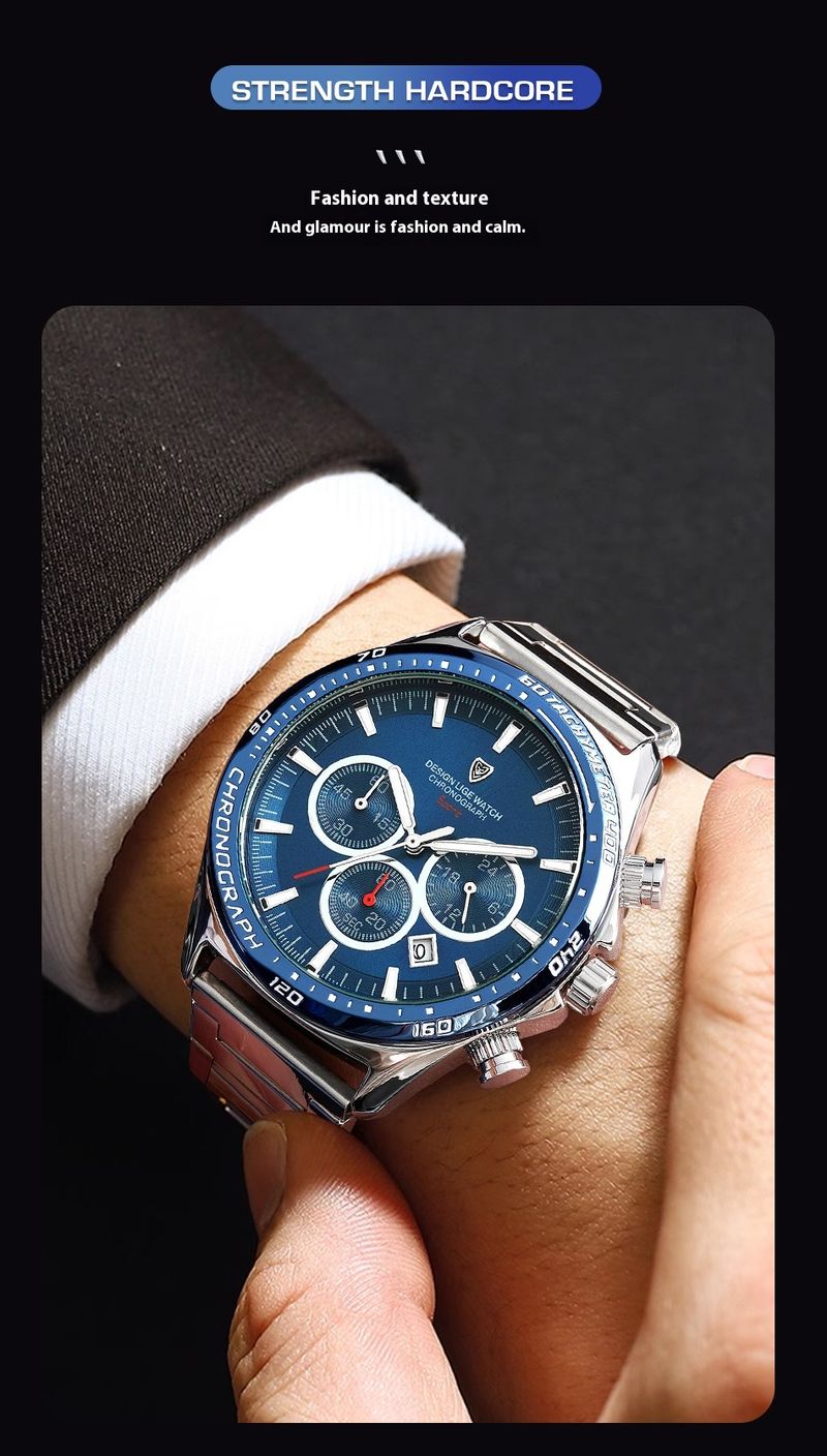 Business Machinery Men's High-end Multifunctional Large Dial Three Eye Six Pin Steel Strip Quartz Watch_voghion.com