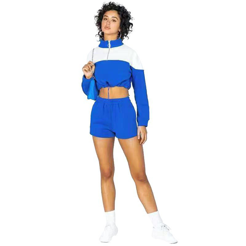 Women's Clothing color-blocked drawstring casual shorts women's sweatshirt set two-piece set_voghion.com