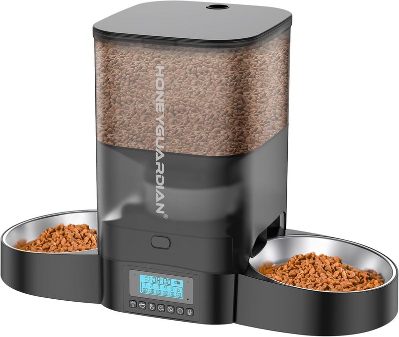Futterautomat Katze 2 Napfe, Gleichmäßig Verteilung Katzenfutter Automat, 3.5L Timer Futterspender Im Gesamtdichtungsdesign, Edelstahlschüssel, 10s_voghion.com