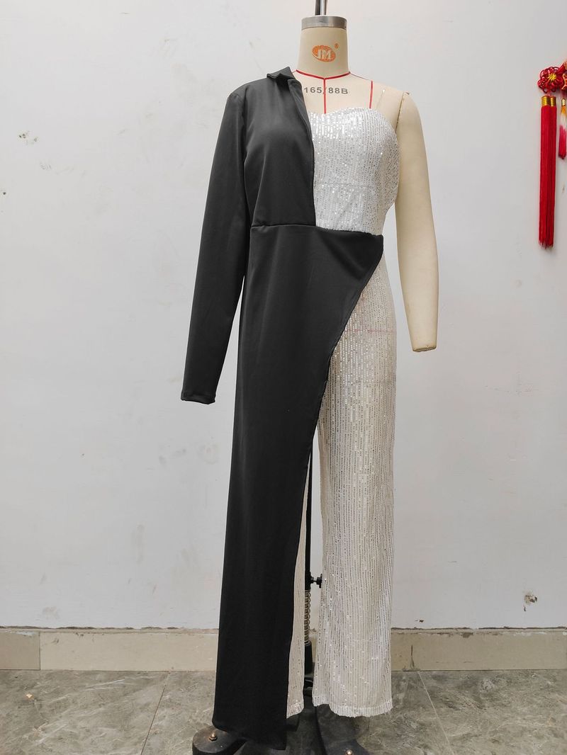 Women's e-commerce independent station women's silver spliced sequined one-shoulder fashion sequined jumpsuit_voghion.com