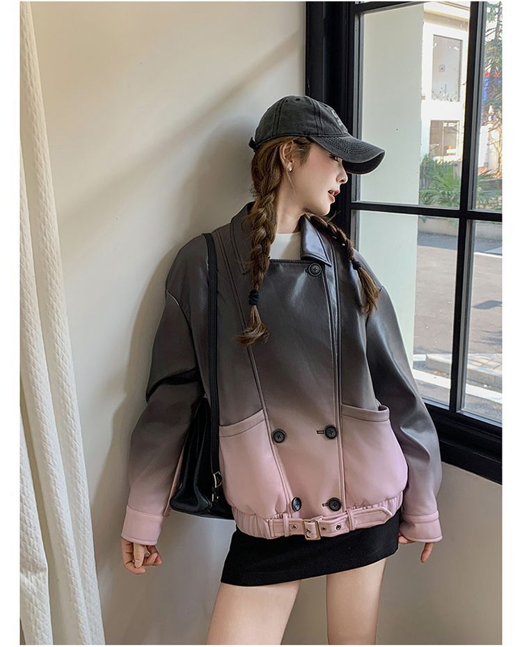 Giacca in pelle PU alla moda in stile coreano, taglia piccola, primavera 2025, grigio sfumato rosa per donna_voghion.com