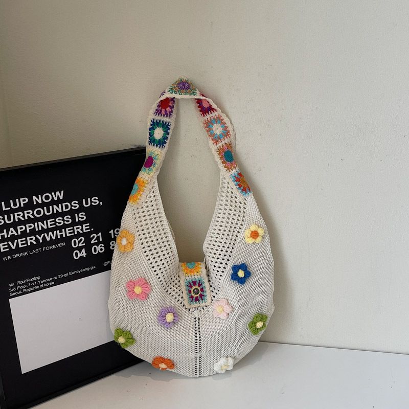 Borsa cava per donna, grande capacità, stile estivo in paglia per le vacanze, borsa da spiaggia con fiori rilassati, intrecciata in rattan_voghion.com