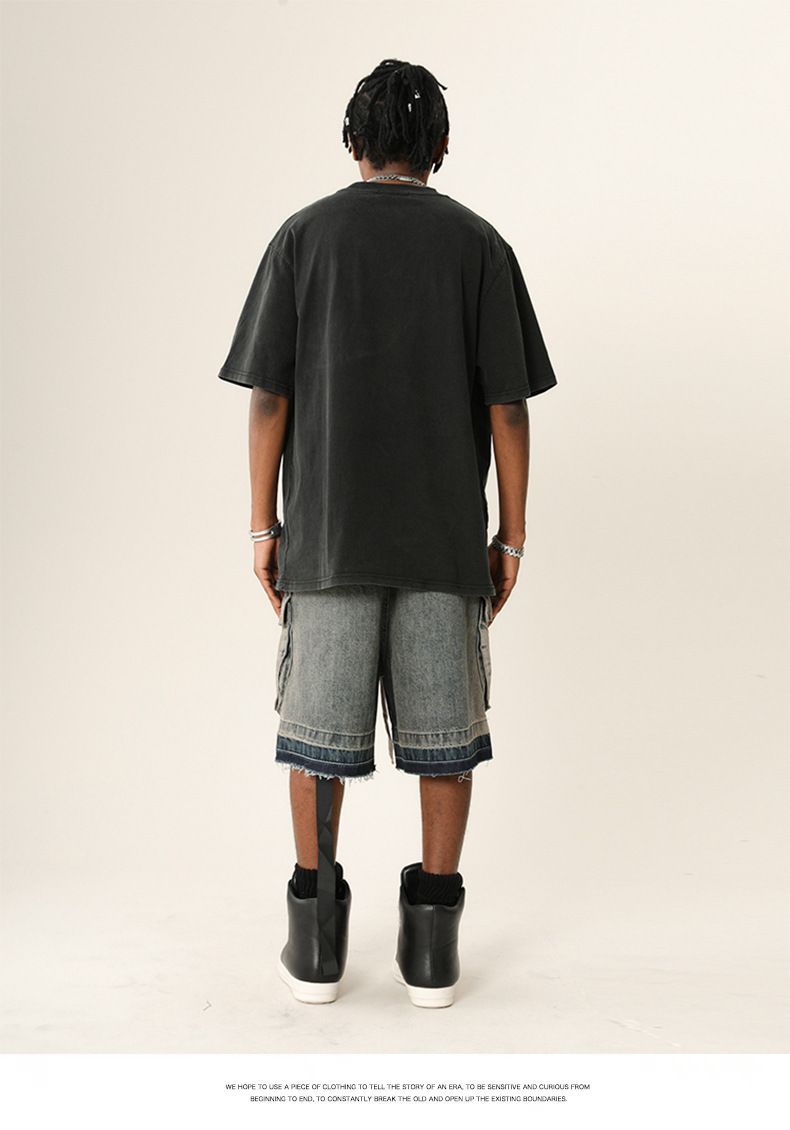 Herreklær High Street Vibe Vasket, slitt denimshorts med rå kanter Trendy merkevare Løse shorts med flere lommer_voghion.com