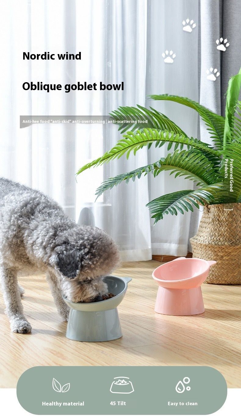 Proteção de pescoço de pé alto, utensílios de boca diagonal, tigela de comida para cães e gatos, tigela anti-capotamento para animais de estimação_voghion.com