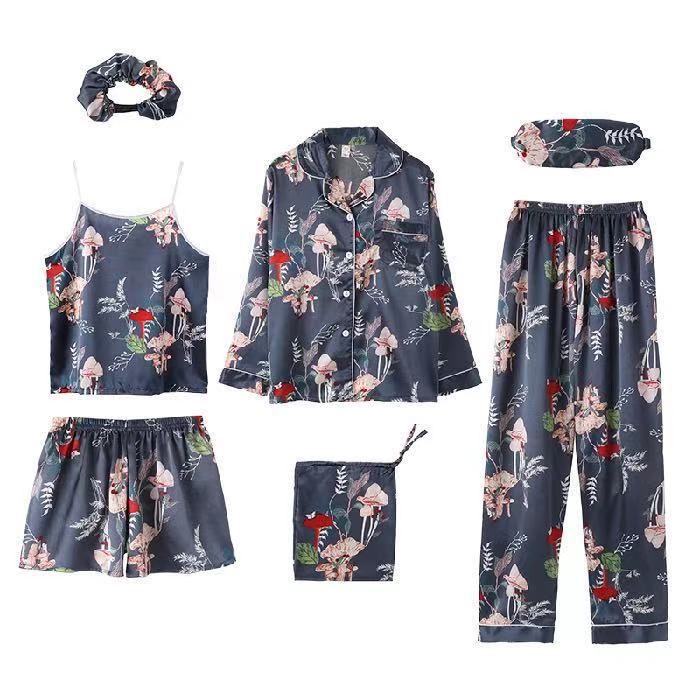 Women's Sleepwears Spring And Autumn Summer Solid Color Simulation Ice Silk Seven Piece Suit Pajamas Ladies Casual Sweet Sling Chest Pad Home Clothes_voghion.com