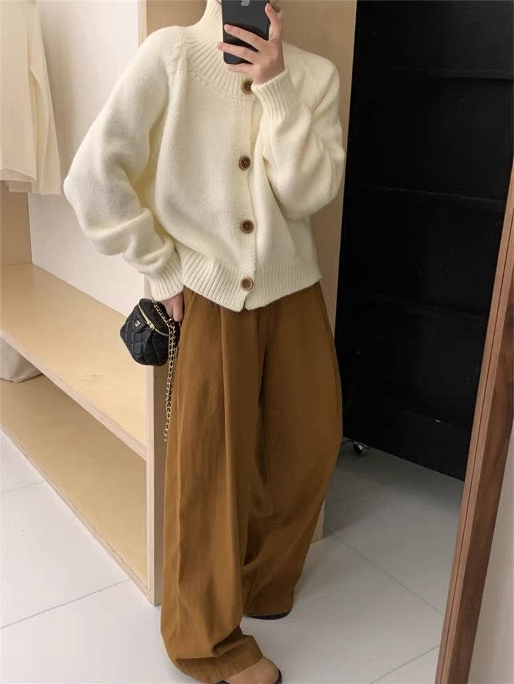 Coreano Dongdaemun Brigh Gola Alta Single breased Knied Cardigan Feminino 2024 Outono/Inverno Lazy Warm Sweaer_voghion.com