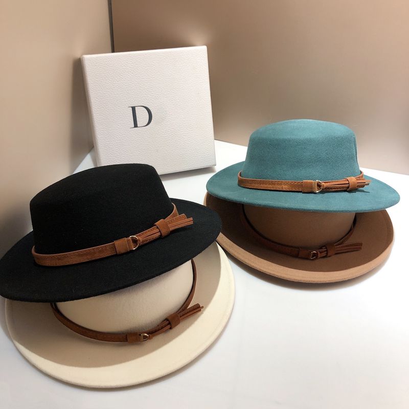 Cappello a cilindro piatto grande in lana australiana, stile britannico, con cintura e frange, cappello da jazz, stile Hepburn, unisex_voghion.com