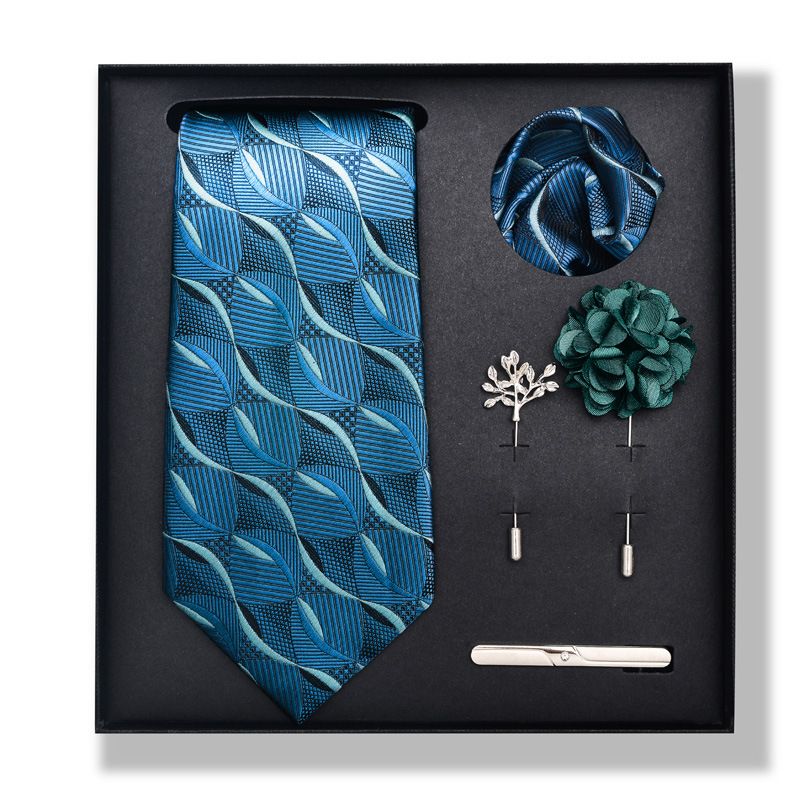 Set da uomo alla moda in tinta unita a righe con anacardi, confezione regalo da 6 pezzi, set con corsetto con fermacravatta e sciarpa quadrata_voghion.com