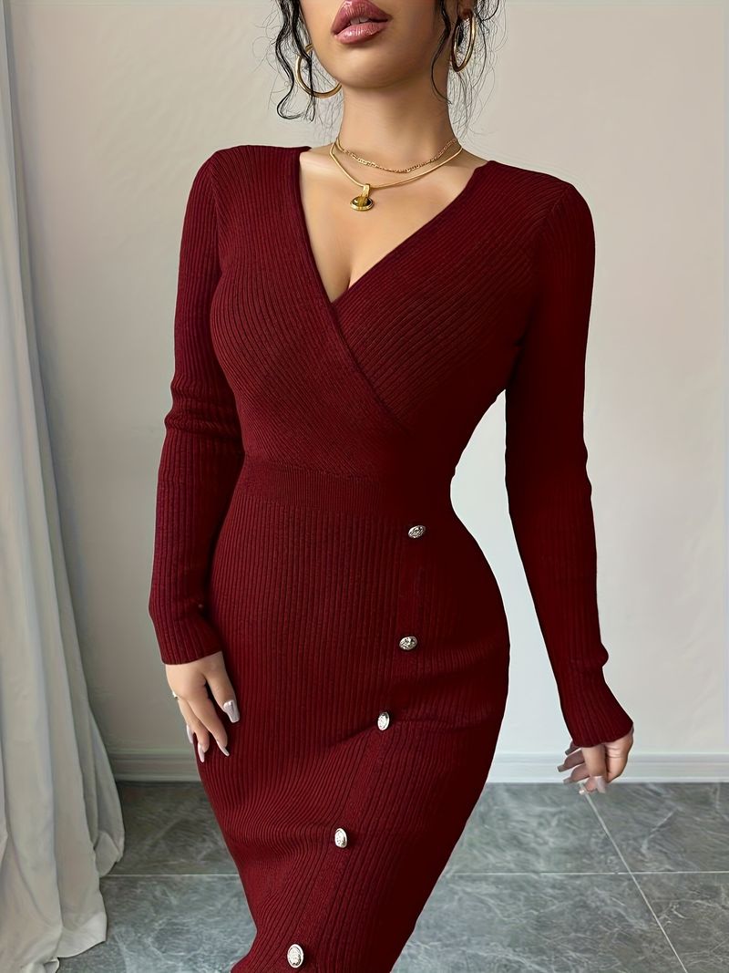 Abito in maglia aderente – Abito midi a coste slim fit con dettaglio in vita (scollo a V, manica lunga, nero/bordeaux/grigio, S/M/L)_voghion.com
