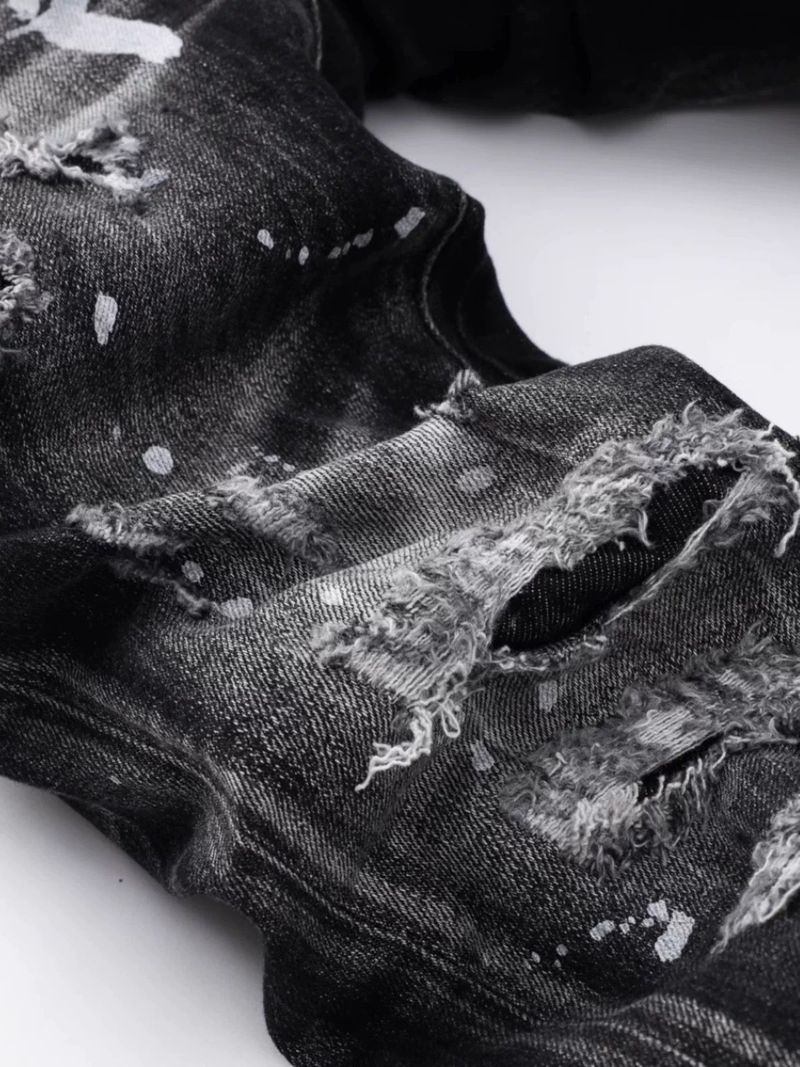 Men's Clothing Fashion Brand Washed Scratched Patches Paint Graffiti Stretch Slim Jeans_voghion.com