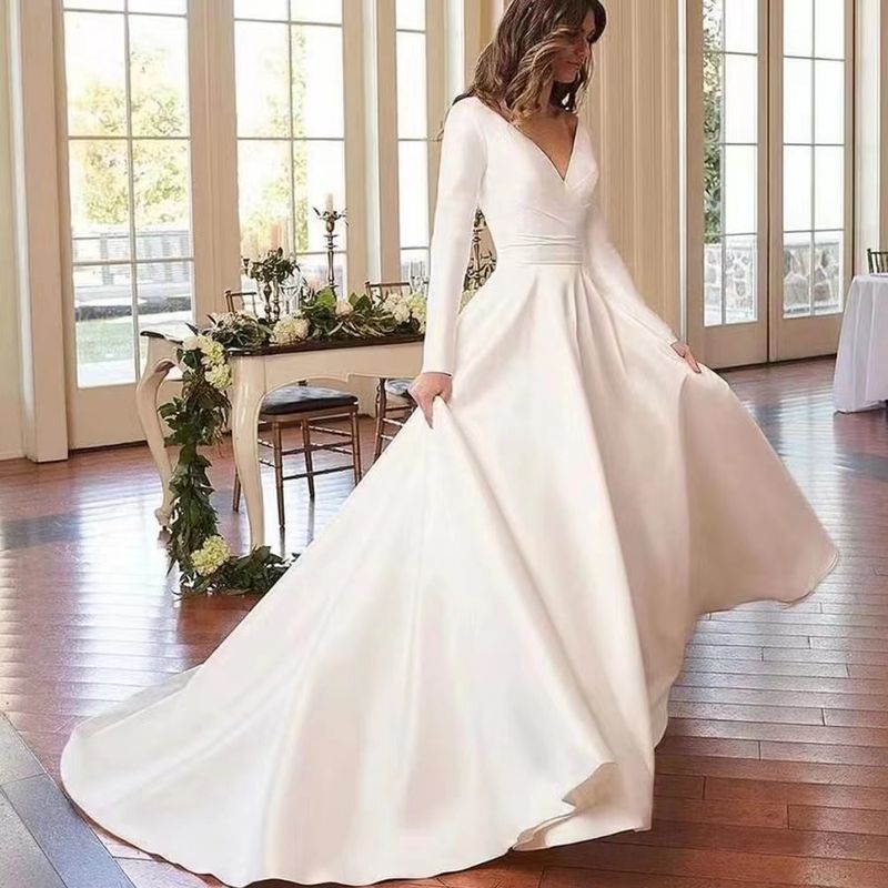 ChicShe ChicShe ChicShe ChicShe Langärmeliges, leichtes Satin-Brautkleid 2025, neues Modell im französischen Stil, hochwertige Premium-Textur, lange Schleppe, weißes Kleid_voghion.com