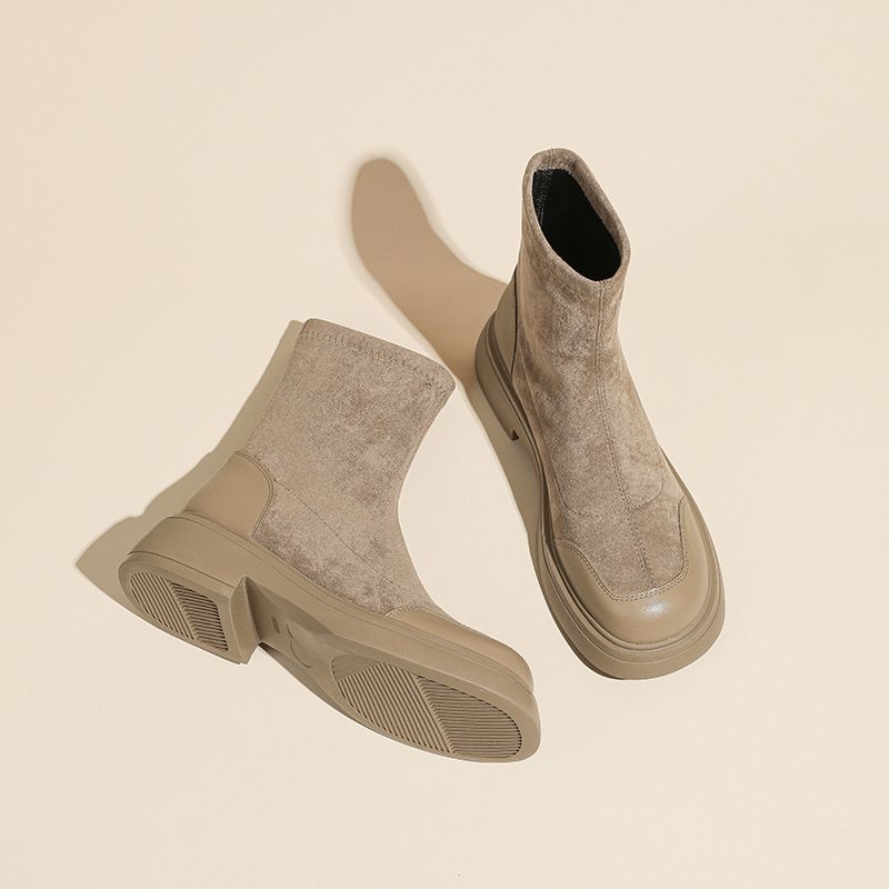 Botas femininas de camurça estilo coreano, bico redondo, meia curta, sola grossa, plataforma, elástica, slim, outono inverno, novas botas Martin_voghion.com