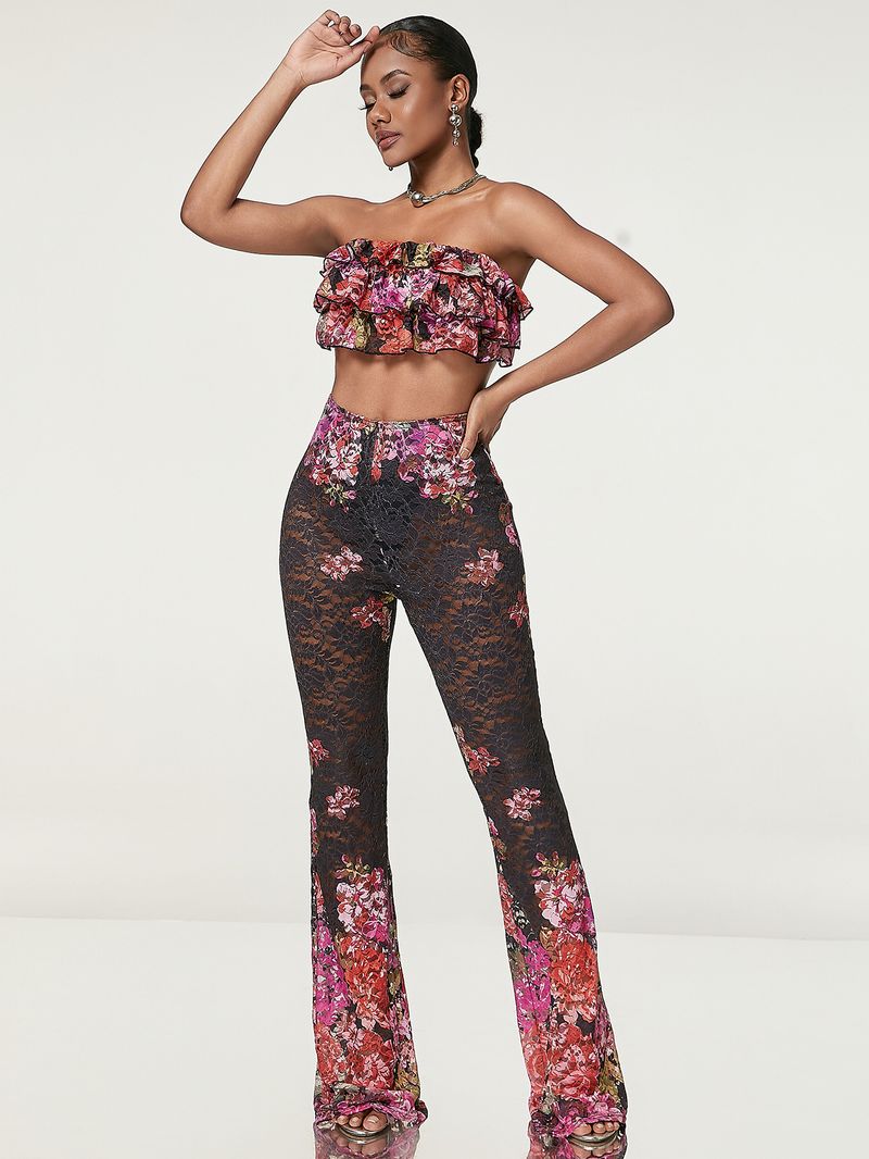 Women's Fashion Super Design Sense Unique Print Tube Top Tight See-through Lace Flared Pants_voghion.com