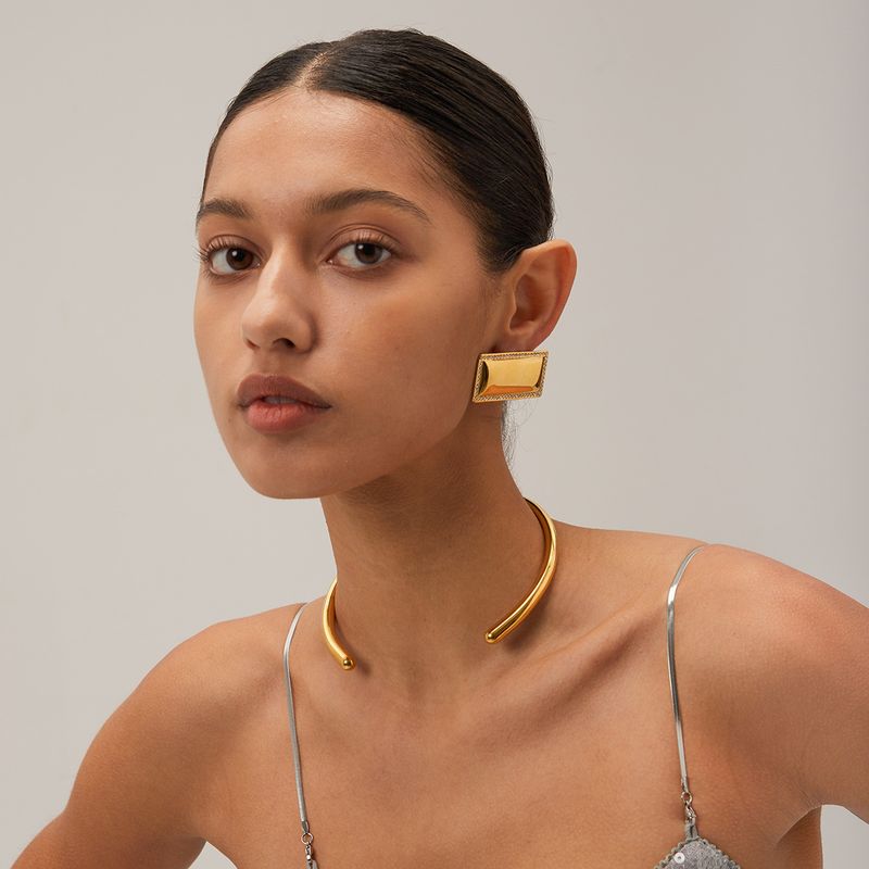 INS trendy gold inlaid diamond smooth rectangular earrings, stainless steel personalized jewelry_voghion.com