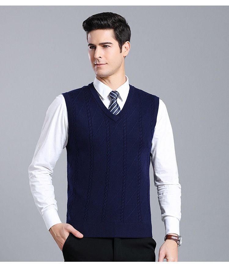 Men's Wool Blend Knit Vest, Solid Color Cable V-Neck Sleeveless Pullover, Casual Layering Piece For Autumn_voghion.com