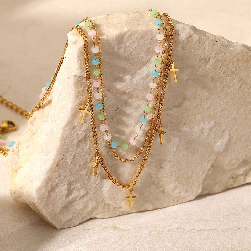 INS Wind Gold Plated Stainless Steel Colorful Stone Ball Chain Cross Tassel Pendant Three Layer Necklace for Women_voghion.com