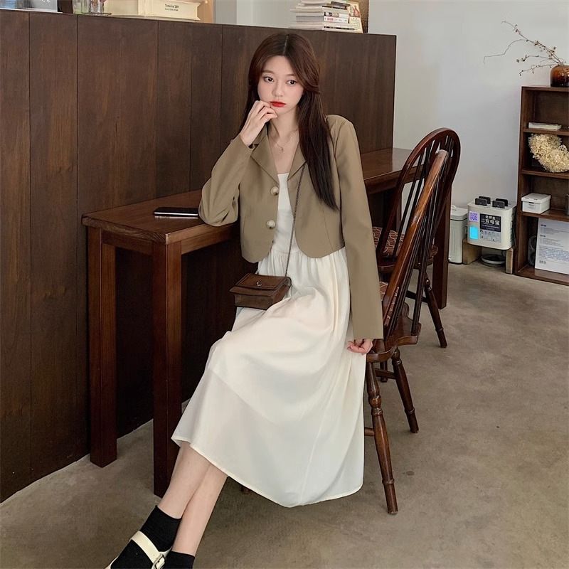 High-End Autumn Women's Suit Design Bow Tie Blazer Pure Desire Strap Dress Two-Piece Set_voghion.com