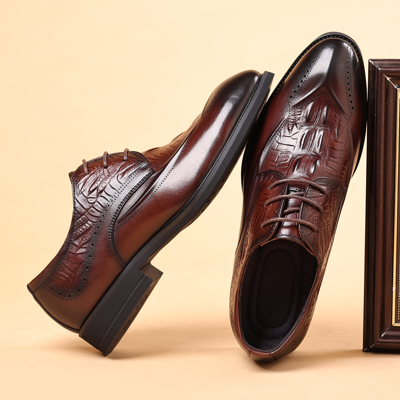 Unbeatable Quality First Layer Cowhide British Style Genuine Block Carved Shoes, Crocodile Pattern Men's Business Dress Leather Shoes_voghion.com