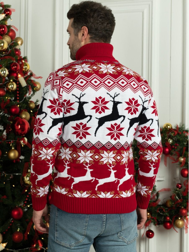 Damen-Paar-Weihnachtspullover, Rundhalsausschnitt, Elch-Jacquard-Rollkragenpullover, langärmelig_voghion.com
