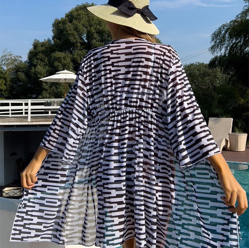 Maillot de bain trois pièces en maille pour femme, vêtements de protection solaire torsadés à impression numérique pour femme_voghion.com