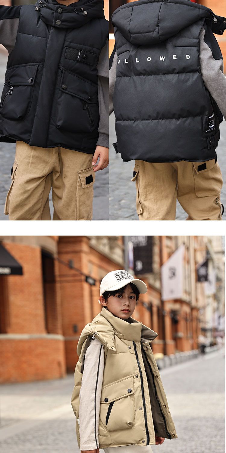 Winter-Pufferweste für Kinder – Warme Daunenjacke mit Kapuze für Jungen und Mädchen, leichter, gesteppter, ärmelloser Mantel, neutrale Farben, Füllung aus 50 % Entendaunen_voghion.com