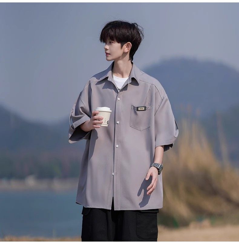 Camicia a maniche corte in seta ghiacciata per uomo, estate 2025, nuovo stile, giacca ampia e alla moda_voghion.com