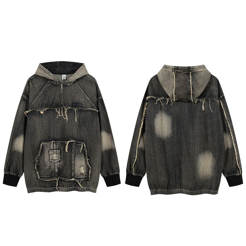 Men's Clothing New High Street Trendy Brand Denim Hoodie Wasteland Style Washed Splicing Hooded Sweatshirt_voghion.com