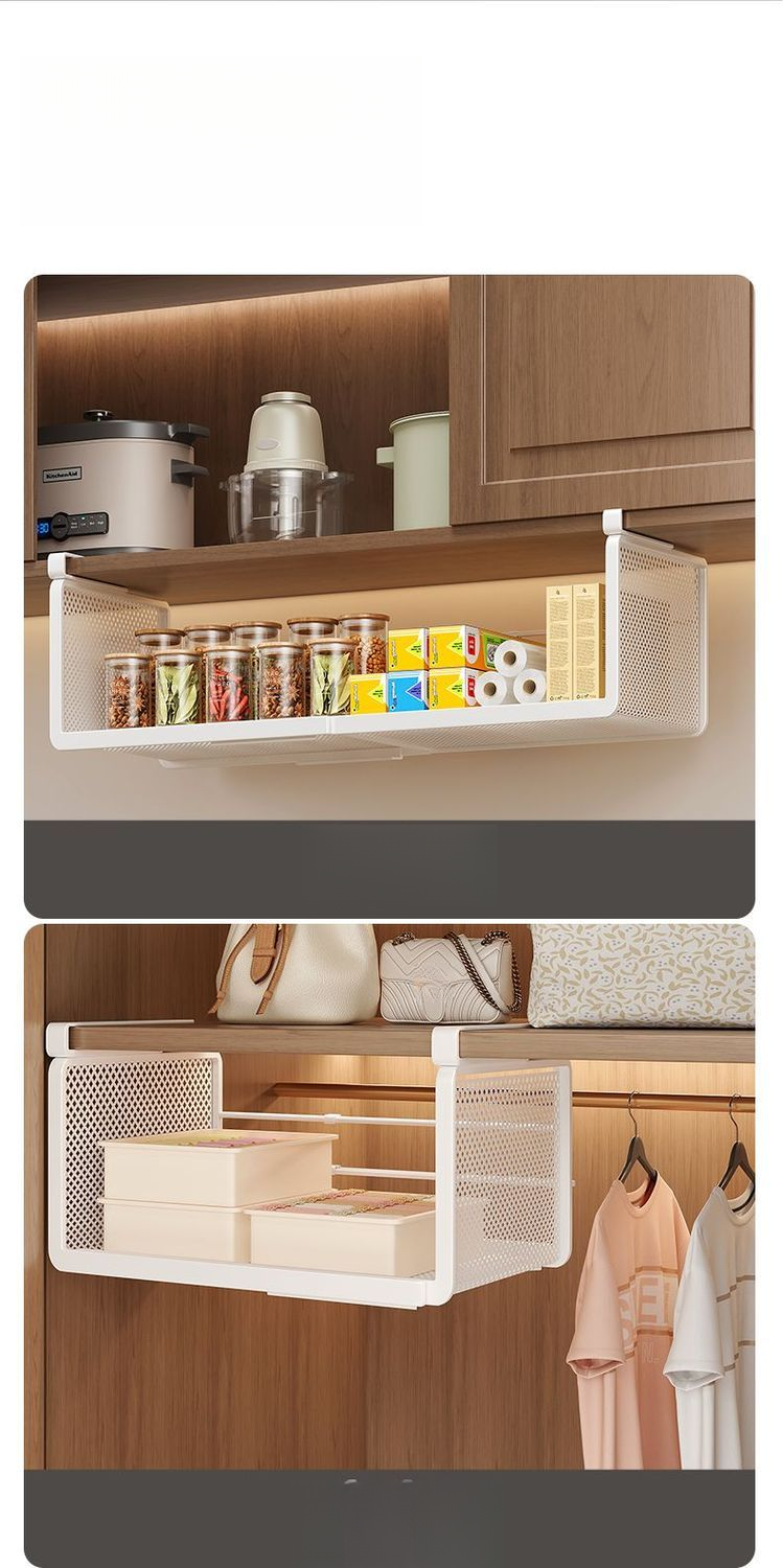 Expandable Under Cabinet Hanging Basket Dormitory Kitchen Rack Organizer Shelf Wardrobe Wall-mounted No-drill Storage_voghion.com
