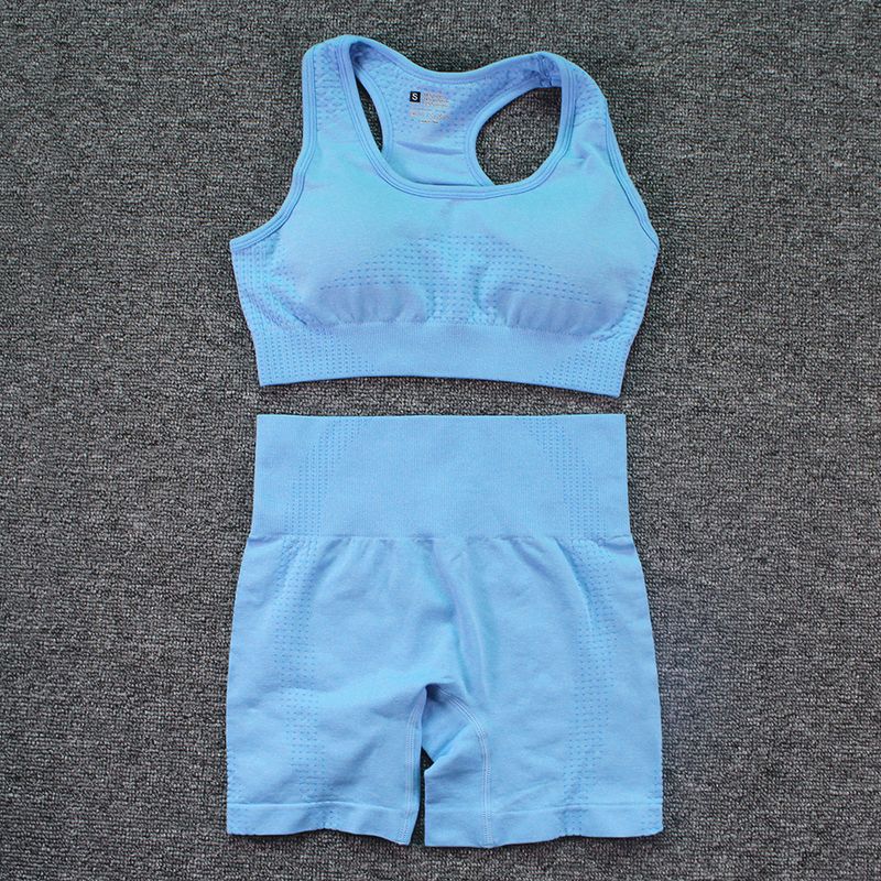 Conjunto de dos piezas de lunares sin costuras con espalda cruzada, pantalones cortos, traje de fitness para mujer, sujetador sin espalda, top, atuendo de yoga_voghion.com