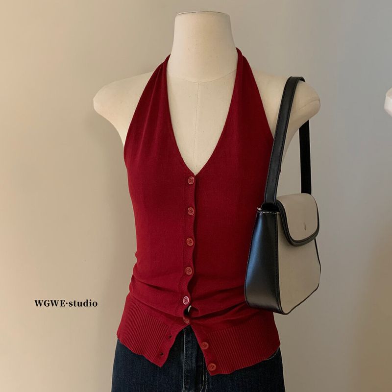 WGWE Backless Knitted Halter Neck Summer V-neck Pure Desire Style Slim Fit Red Elegant Simple Tank Top W5677_voghion.com