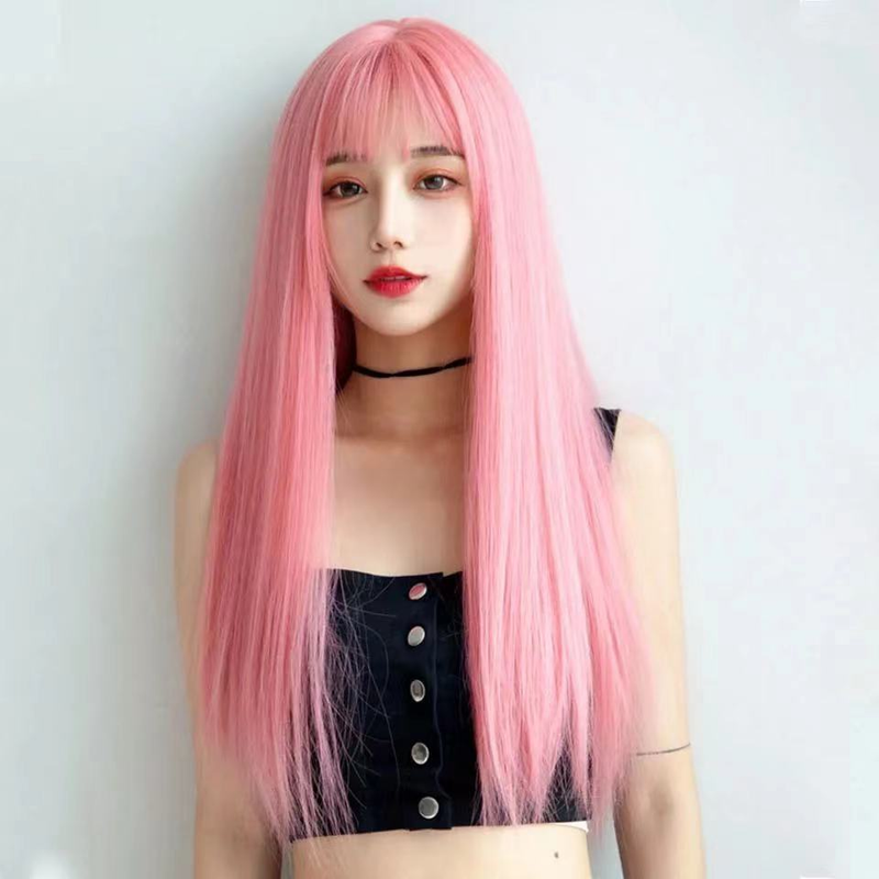 Internetkändisperuk kvinna långt hår rosa lugg Lolita daglig ansiktsreparation cos rakt hår naturligt fullt huvudbonad_voghion.com