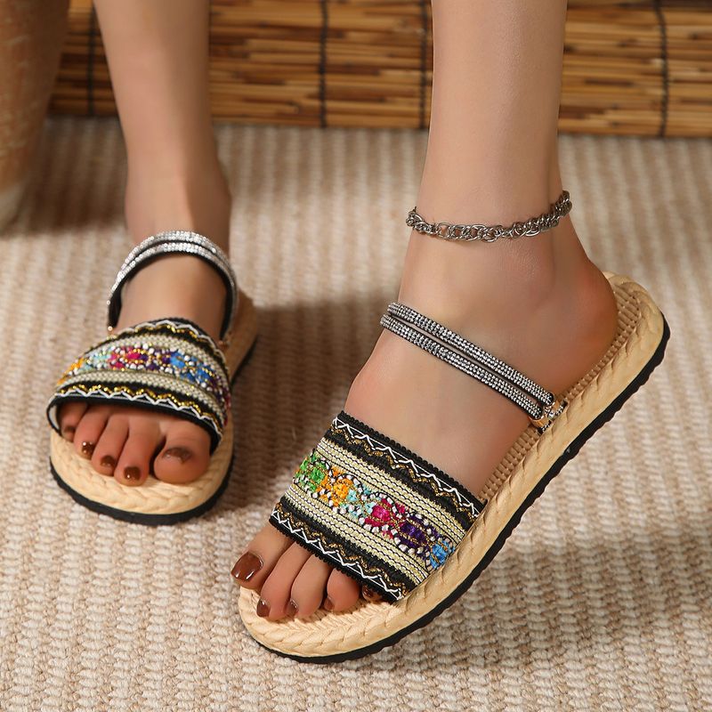 Thick sole two in one line slippers for women's new ethnic style hemp rope colored rhinestone beach sandals, large size_voghion.com