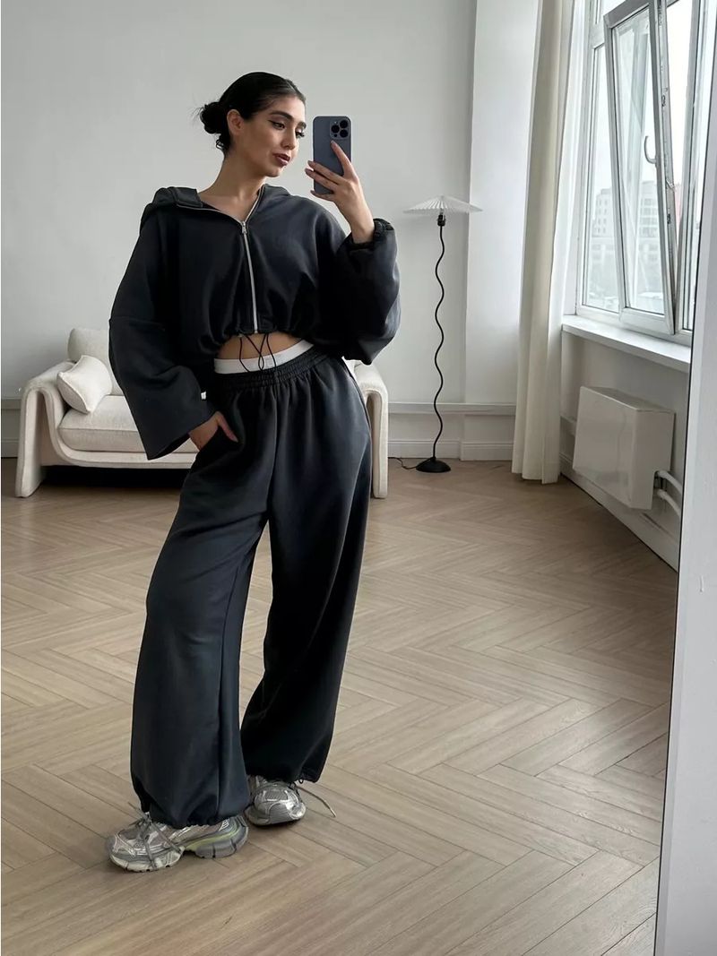 Women's Casual Suit Solid Color Long Sleeved Zipper Cardigan Drawstring Hooded Sweatshirt Sports Elastic Pants Two-piece_voghion.com