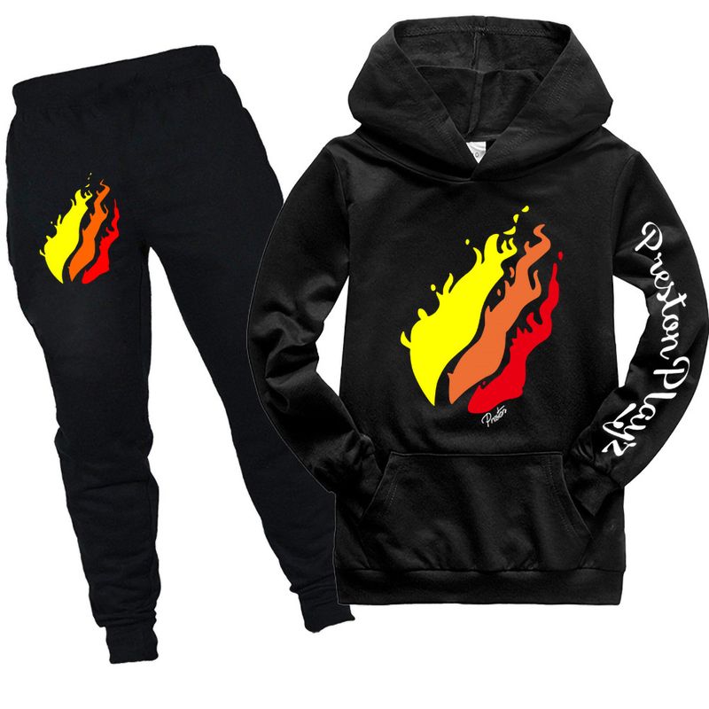 100-170 Size Pattern Pocket Sweatshirt Hoodie + Black Long Pants 2-Piece Set Pk1034 Sleeve With Flower-1_voghion.com