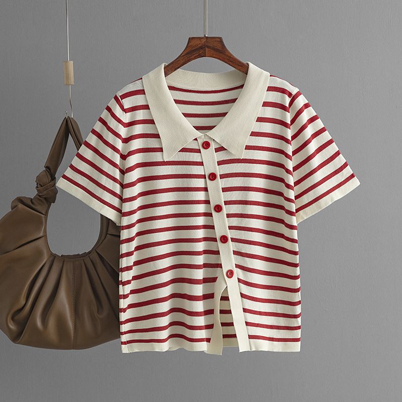 Maglietta estiva da donna nuova, a righe, a maniche corte, con colletto polo, MM_voghion.com