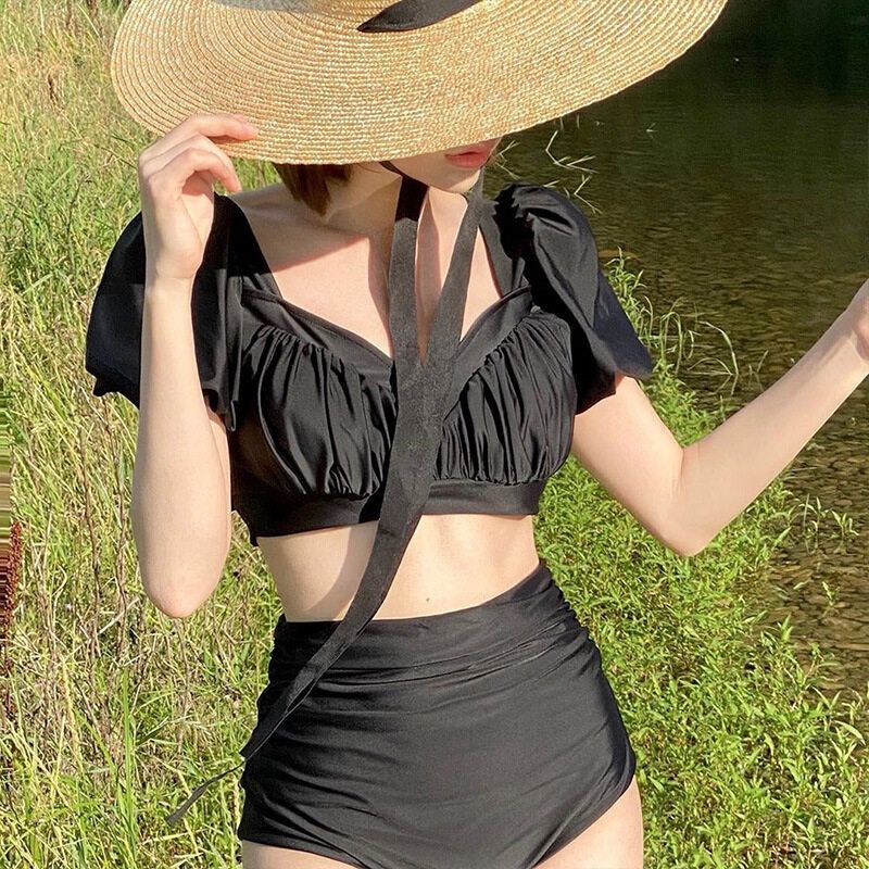 Happybuyner Sport S für Damen, 2-teiliger Bikini-Anzug, gerüscht, kurzärmelig, Push-Up-Crop-Tops, hohe Taille, Dreieckshöschen_voghion.com