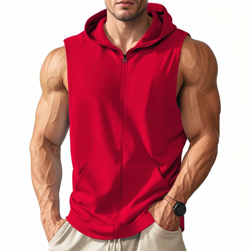 Herren Sommer Unterhemd mit Kapuze Sport Fitness Training Reißverschluss Strickjacke Ärmellose Weste Tops_voghion.com