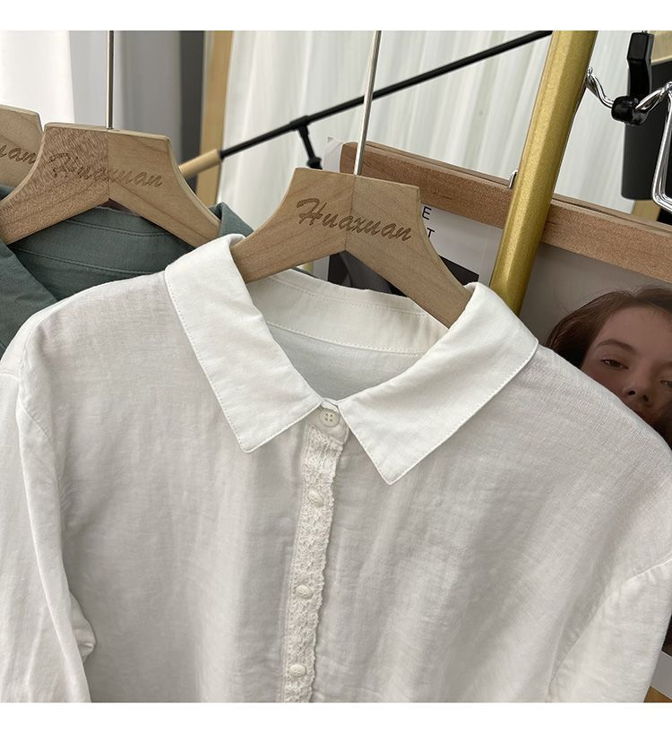Camisa retro de algodón y cáñamo de color liso para mujer, primavera/verano 2024, nueva camisa holgada de manga larga con encaje y panel de encaje._voghion.com