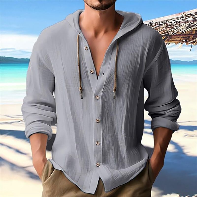 Maglietta casual a maniche lunghe con cappuccio e coulisse in cotone e lino, tinta unita, da uomo, alla moda, da abbinare a qualsiasi outfit, da spiaggia_voghion.com