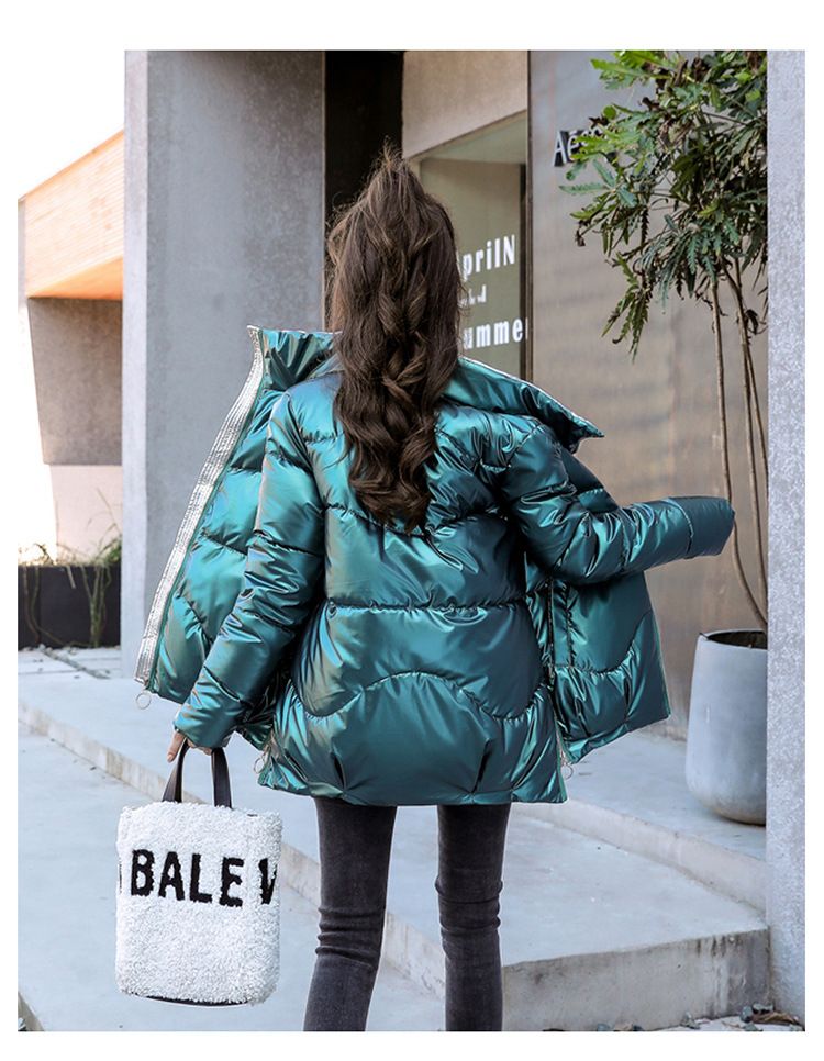 Piumino corto da donna con finitura lucida, cappotto trapuntato leggero, capospalla invernale con collo alto, vestibilità comoda e casual._voghion.com