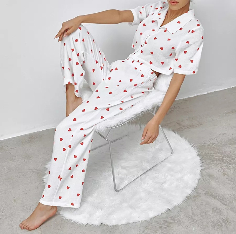 pure cotton love printed pajamas two-piece set of shorts and trousers for women's home wear_voghion.com