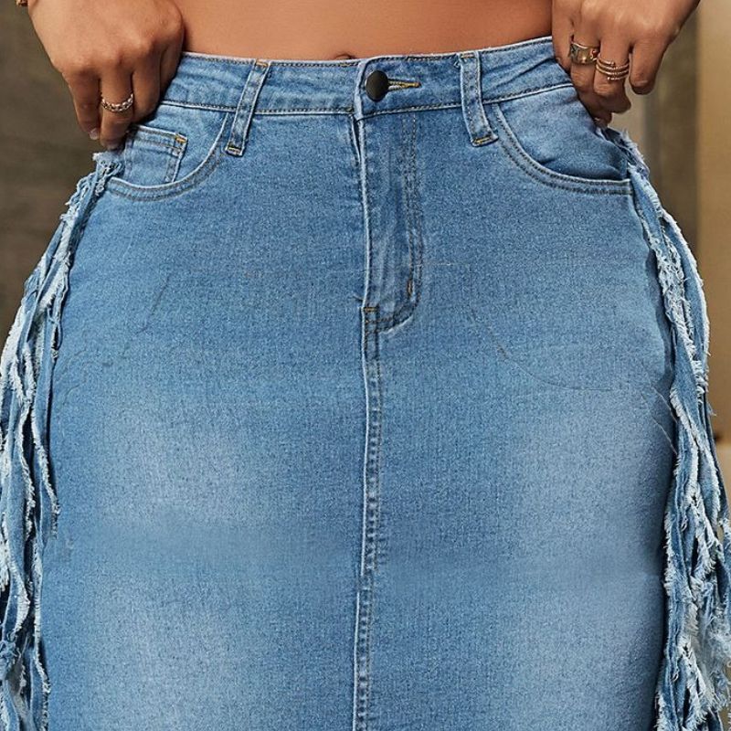 K Fashionable Trend Sexy Denim Fringed Midi Skirt_voghion.com