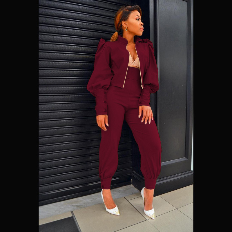 Damenbekleidung Mode Persönlichkeit Design Sinn für einfarbige Blase Ärmel Reißverschluss hoch taillierte Hose zweiteiliger Anzug_voghion.com