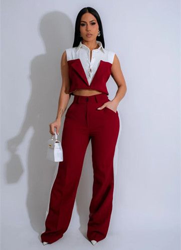 Moda primavera estate colore contrasto due pezzi set donne camicia a maniche corte top dritto pantaloni lunghi elegante 2 pezzi set donne_voghion.com