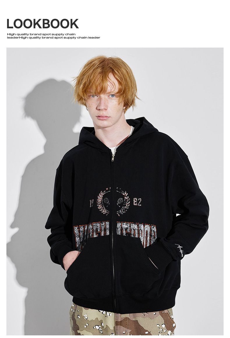 Vintage pound vintage outlets do old effect print loose zip hoodie per uomo nuovo autunno e inverno_voghion.com