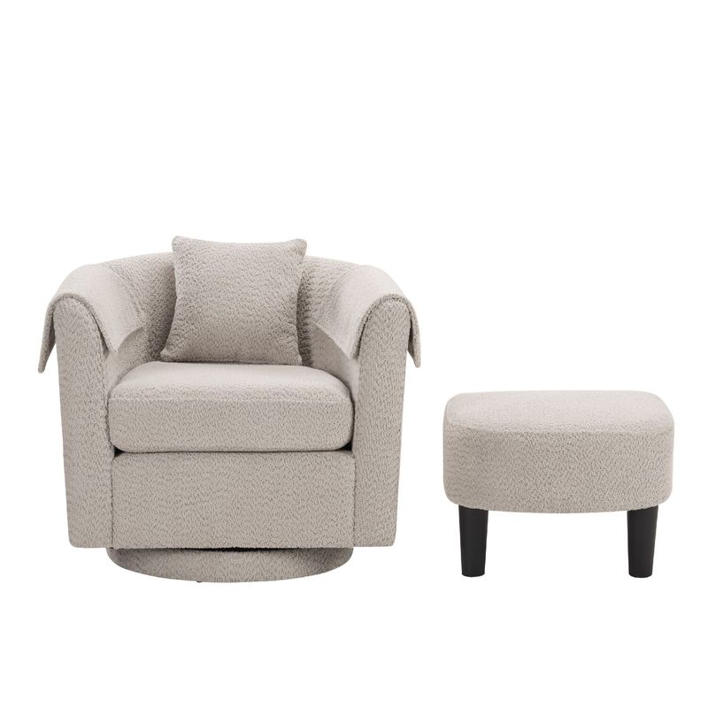 Swivel Accent Chair With Ottoman Set, Modern Chenille Barrel Armchair With Removable Back Pillow & 2 Armrest Covers For Living Room, Bedroom, Office, Gray_voghion.com