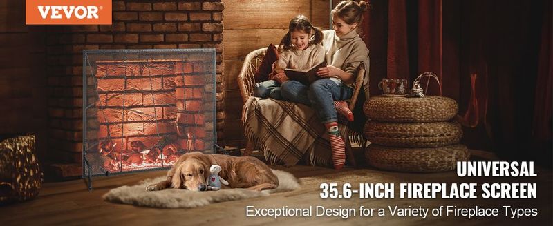 VEVOR Fireplace Screen Single Panel, Sturdy Iron Mesh Fireplace Screen, 35.6"(L) X28.4"(H) Spark Guard Cover, Simple Installation, Free Standing Fire Fence Grate For Living Room Home Decor Modern_voghion.com