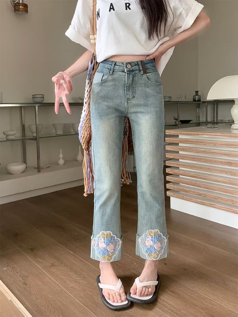 Jeans bordado chinês para mulheres outono novo estilo, pequena estatura, cintura alta, emagrecimento, estilo Hong Kong nove pontos_voghion.com